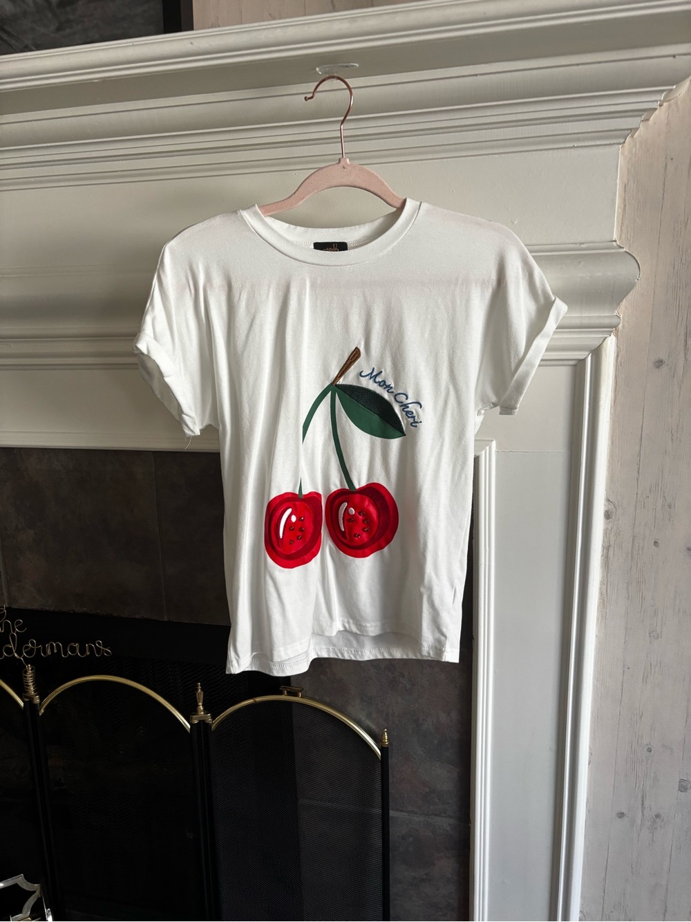 White Short Sleeve Tee with Red Cherry Graphic